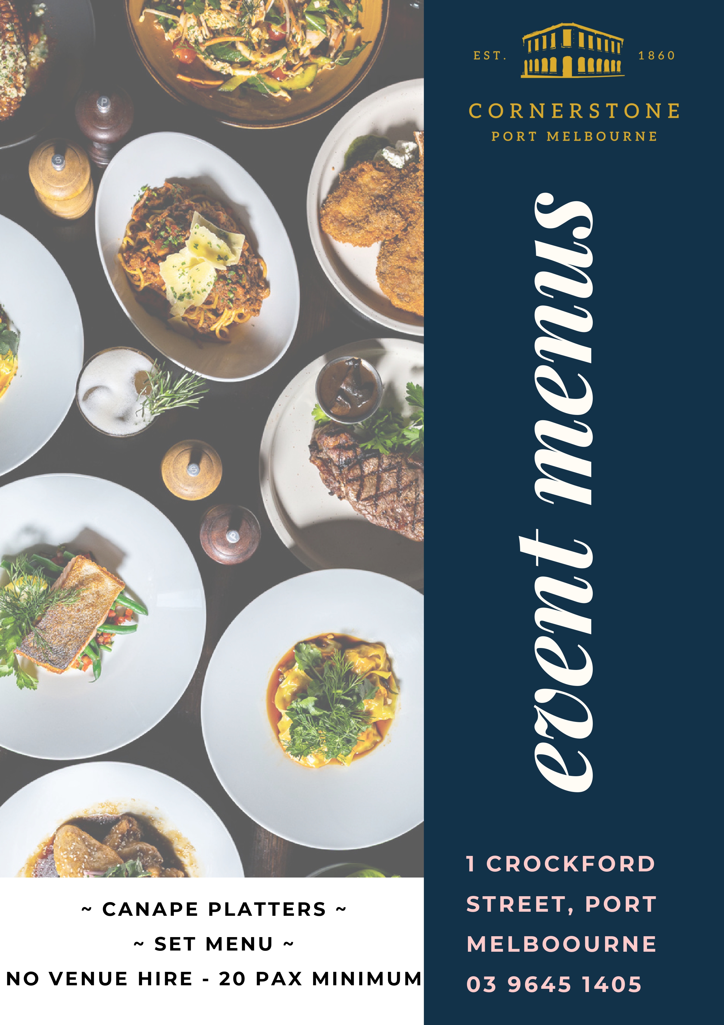 Cornerstone Pub events menu page 1 - function and event catering packages with canapés, grazing tables, and dining options for celebrations in Port Melbourne